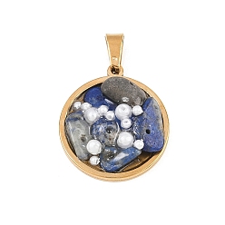 Lapislázuli Colgantes de lapislázuli natural en fragmentos y perlas de plástico., 304 Dijes con bisel de acero inoxidable, dorado, 25.5x22.5x7~9 mm, agujero: 7x4.5 mm