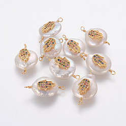 Разноцветный Соединители звеньев натурального жемчуга, с латунными микро проложить кубических выводы циркония, самородки рукой хамса / рукой фатимы / рукой мириам, золотые, красочный, 20~25x11~15x5~8 мм, отверстие : 1.6 мм