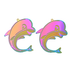 Dolphin Ионное покрытие (ip) 304 подвески с травленым металлом из нержавеющей стали, Радуга цветов, дельфин, 42.5x36x0.3 мм, отверстие : 1.5 мм