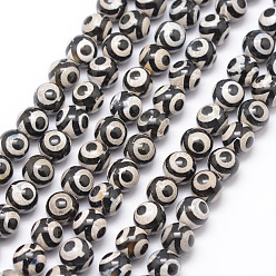 Black Tibetan Style 3-Eye dZi Beads, Natural Agate Bead Strands, Round, Dyed & Heated, Black, 8mm, Hole: 1mm, about 47pcs/strand, 15 inch