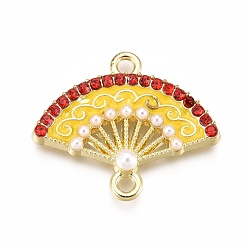 Золотистый Соединители звеньев сплава, с эмалью, пластик искусственный жемчуг и горный хрусталь, ручной вентилятор, золотые, Сиам, золотые, 19x23x4 мм, отверстие : 1.5 мм
