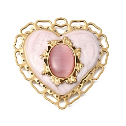 Pink 304 de esmalte de acero inoxidable grandes colgantes, con ojo de gato, encantos del corazón, rosa, 50.5x50x7 mm, agujero: 4.5x2.5 mm