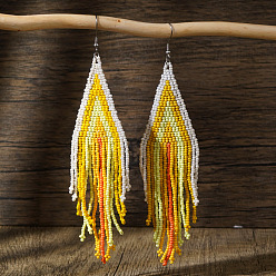 Желтый Серьги-кисточки из бисера ручной работы из богемного стекла, платина, желтые, 140x38 мм