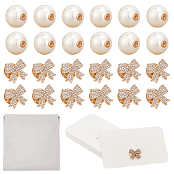 Golden Wedding Card Holder Kit, Including 20Pcs Resin Imitation Pearl Ear Nuts, 20Pcs Bowknot Zinc Alloy Lapel Pins, 30Pcs Rectangle Paper Jewelry Display Cards and 1Pc Square PU Leather Pouches, Golden, 54x90x0.5mm