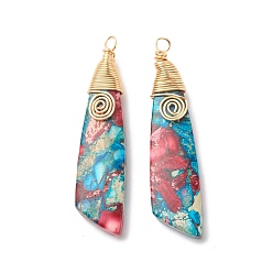 Ярко-Розовый Натуральный регалит / имперская яшма / морские отложения яшма большие кулоны, с медной проволокой золотого тона, обернутой, окрашенные, крыловидного, ярко-розовый, 50~51x12x6~7 мм, отверстие : 3 мм