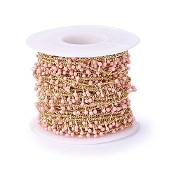 Персиковый Слойка Ручной цепи эмаль бисера, с латунной обуздать цепей, пайки, с катушкой, долговечный, реальный 18 k позолоченный, розовые, 5.5x1.5~2 мм, около 32.8 футов (10 м) / рулон