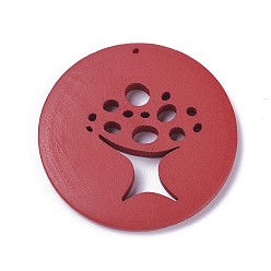 Red Wood Big Pendants, Flat Round with Tree, Dyed, Red, 49.5~50.5x4.5~5mm, Hole: 1.5mm