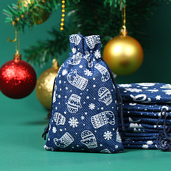 Морской Синий Рождественские сумки Linenette Drawstring Bags, прямоугольник с узором новогодних носков, Marine Blue, 14x10 см