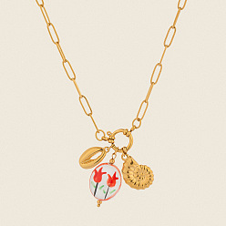 Настоящее золото 18K Европейский 304 овальный кулон из нержавеющей стали в форме морской ракушки для женщин, реальный 18 k позолоченный, 17.72 дюйм (45 см)