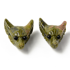 Унакит Природные подвески Unakite, сверху просверленные бусы, с глазком из черного оникса, голова волка, 30.5x23.5x11.5~13 мм, отверстие : 2 мм