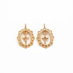 Real 18K Gold Plated Brass Charms, Nickel Free, Oval with Dangling Cross, Real 18K Gold Plated, 13.5x9.5x2mm, Hole: 1.2mm