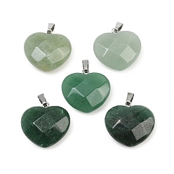 Зеленый Авантюрин Естественный зеленый авантюрин подвески, ограненные сердце прелести, с железными поручнями, платина, 21.5~22.5x23~23.5x9~10 мм, отверстие : 2.5x7~7.5 мм