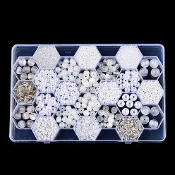 Blanc Kit de recherche de fabrication de bijoux en perles acryliques et en résine de style bricolage, rond et riz, blanc, 24mm, Trou: 2.2~12x1.5~11.5mm