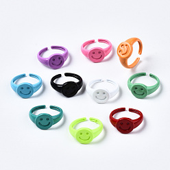 Mixed Color Spray Painted Brass Cuff Rings, Open Rings, Smiling Face, Mixed Color, US Size 7 1/4(17.5mm)