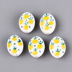 Yellow Handmade Porcelain Beads, Hand Painted, Famille Rose Porcelain, Oval & Fruit, Yellow, 15.5~16x12~12.5x8~8.5mm, Hole: 2~2.5mm