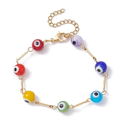 Colorful Lampwork Evil Eye Link Chain Bracelets, with Golden Brass Bar Link Chains, Colorful, 7-3/4 inch(19.8cm)