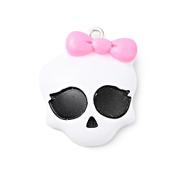 White Skull with Bowknot Resin Pendants, with Iron Loops, for Halloween, White, 28x23.5x7.5mm, Hole: 2mm