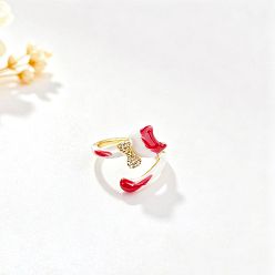 Red Brass Micro Pave Cubic Zirconia Cuff Open Rings, Cat Shape, with Enamel, Golden, Red, 15~20mm