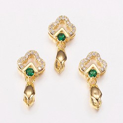 Настоящее золото 18K Долговечные латунные микропромывные кубические циркониевые льды, цветок, зелёные, реальный 24 k позолоченный, 18 мм, отверстия: 2x6 мм, штифты: 0.6 мм, внутренний: 3x5.5 mm