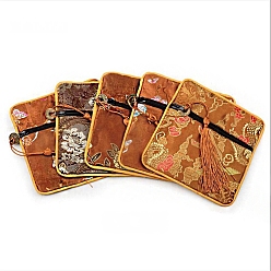 Сиена Китайская парча кисточка молния ювелирные изделия сумка подарочный мешочек, квадратный, цвет охры, 11.5x11.5 см