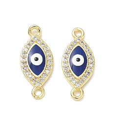 Dark Blue Brass Micro Pave Clear Cubic Zirconia Connector Charms, Evil Eye Marquise Links, with Enamel, Long-Lasting Plated, Rack Plating, Lead Free & Cadmium Free, Real 18K Gold Plated, Dark Blue, 20x8.5x3mm, Hole: 1.2mm