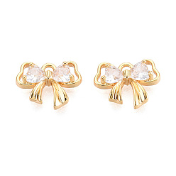 Настоящее золото 18K Латунные микро проложить кубического циркония прелести, бантом, реальный 18 k позолоченный, 10x13x3 мм, отверстие : 1.5 мм