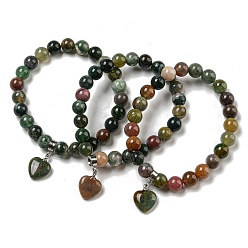 (RRHB277) Кристалл на подкладке из медово-бежевого цвета 8.5круглые эластичные браслеты из натурального индийского агата диаметром мм, Женские браслеты с подвесками в виде сердечек с латунными дужками, внутренний диаметр: 2-1/8 дюйм (5.5 см)