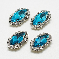 Аквамарин Шить на горный хрусталь, многожильных ссылки, стекло горный хрусталь, с латунной фурнитурой , аксессуары для одежды, лошадиный глаз , платина, аквамарин, 21.5~23x11x5~6 мм, отверстие : 1 мм