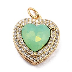Light Green Eco-Friendly Brass Micro Pave Cubic Zirconia Pendants, with Faceted Glass & Jump Ring, Golden, Long-Lasting Plated, Heart, Light Green, 19x16.5x6.5mm, Jump Ring: 5x0.7mm, Inner Diameter: 3.6mm
