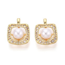 Настоящее золото 16K Латунные микропаве прозрачные подвески с фианитом, с имитацией жемчуга, Волнистые квадратные подвески, реальный 16 k позолоченный, 15.5x12.5x6.5 мм, отверстие : 2x0.8~1 мм