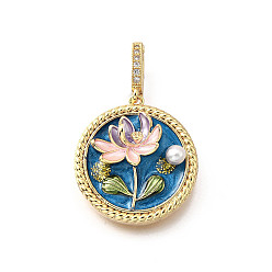 Темно-Голубой Латунные подвески с микропаве из кубического циркония и эмали, плоский круглый с цветными чарами, с блестящей пудрой и натуральным пресноводным жемчугом, без никеля , реальный 18 k позолоченный, глубокое синее небо, 25.5x23.5x7.5 мм, отверстие : 6.5x4.5 мм