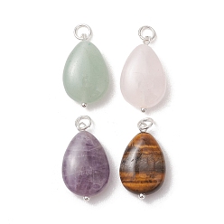 Серебро Природные смешанные подвески драгоценных камней, подвески-слезинки с 304 соединительными кольцами из нержавеющей стали, серебряные, 21.5~22x13~13.5x6~6.5 мм, отверстие : 3.5 мм