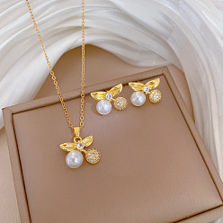 Вишня Латунное микропаве из кубических цирконий с пластиковым жемчугом, подвеска и серьги-гвоздики, колье-цепочка из нержавеющей стали, золотые, вишня, 400 мм