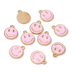 Pearl Pink Alloy Enamel Charms, Cadmium Free & Lead Free, Smiling Face, Light Gold, Pearl Pink, 14.5x12x1.5mm, Hole: 1.5mm