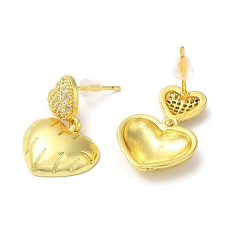 Real 18K Gold Plated Clear Cubic Zirconia Heart Dangle Stud Earrings, Rack Plating Brass Jewelry, Real 18K Gold Plated, 22.5x15mm