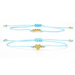 Небесно-голубой 2шт. 2 стили богемные латунные бусины плетеные браслеты из бусин, Браслеты из нейлоновой нити плетеные для женщин, круглый и сердце, золотые, голубой, 11.02 дюйм (28 см)