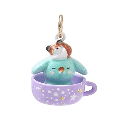 Cyan Spray Painted & UV Printed Brass Pendants, Cup with Fox & Rabbit Charms, Golden, Cyan, 19x18x15mm, Hole: 4mm