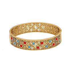 Плоский Круглый Полые 304 браслеты из нержавеющей стали с шарнирным креплением для женщин, золотые, с синтетическими бирюзовый, плоско-круглые, внутренний диаметр: 2-1/2x2-1/8 дюйм (6.5x5.5 см)