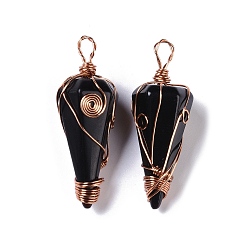 Obsidian Natural Obsidian Copper Wire Wrapped Big Pendants, Faceted Cone Charms, Rose Gold, 50~50.5x16.5x18~19mm, Hole: 8x3.5~4mm
