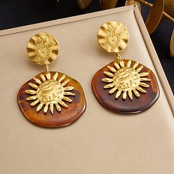 Sun 304 Stainless Steel & Resin Stud Dangle Earrings for Women, Golden, Sun, 60x38.5mm