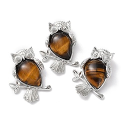 Латунь Подвеска-капля из натурального тигрового глаза со стразами, подвески в виде совы из латуни с платиновым покрытием, долговечный, пригодный для стразов 1.8 мм, 34.5x24x7.5~8 мм, отверстие : 5x3 мм