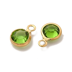 Yellow Green Ion Plating(IP) 304 Stainless Steel with Glass Charms, Real 18K Gold Plated, Faceted Flat Round, Yellow Green, 9.5x6.5x2mm, Hole: 1.5mm