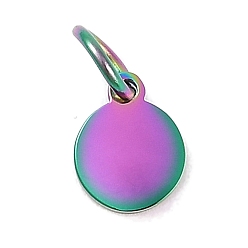 Rainbow Color Ионное покрытие (ip) 304 подвески из нержавеющей стали, с целью перехода в кольце, плоский круглый шарм, пустая бирка с зеркальной полировкой, Радуга цветов, 7.5x6x1 мм, отверстие : 3.5 мм