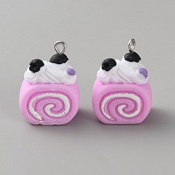 Бледно-Розовый Непрозрачные подвески смолы, рулет из торта, с платиново-железными петлями, розовый жемчуг, 21x18.5x12.5 мм, отверстие : 2 мм