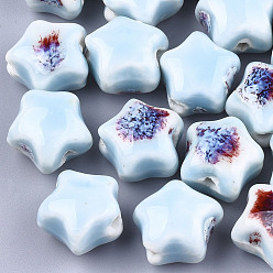 Светло-Голубой Фарфоровые бусины ручной работы, фантазии античного стекла фарфора, звезда, Небесно-голубой, 15~16x15.5~17x12~12.5 мм, отверстие : 2~2.5 мм