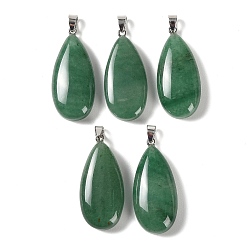 Green Aventurine Natural Green Aventurine Pendants, with 304 Stainless Steel Snap on Bails, Teardrop Charm, 44x20x9mm, Hole: 7x4mm