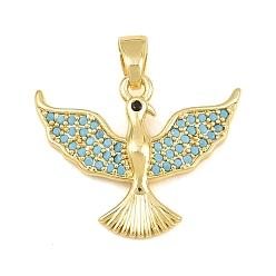 Real 18K Gold Plated Brass Micro Pave Sky Blue Cubic Zirconia Pendants, Bird Charms, Real 18K Gold Plated, 17x21x3mm, Hole: 4x3mm