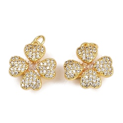 Прозрачный Латунные микро проложить кубического циркония подвески, клевер, со стеклом и прыжковым кольцом, долговечный, без кадмия и без свинца, реальный 18 k позолоченный, прозрачные, 18x16x6 мм, отверстие : 3 мм