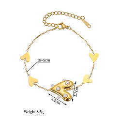 Золотой 304 Браслеты из нержавеющей стали и пластика с жемчужными звеньями, браслеты-цепочки для женщин, сердце, золотые, 7.09 дюйм (18 см)