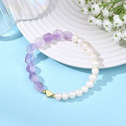 Аметист Картофель, натуральный культивированный пресноводный жемчуг и самородки, натуральный аметист, браслеты из эластичных бусин., с латунными сердечками, золотые, внутренний диаметр: 2.26 дюйм (5.75 см)